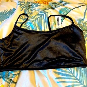Black velvet crop top with open strap back
